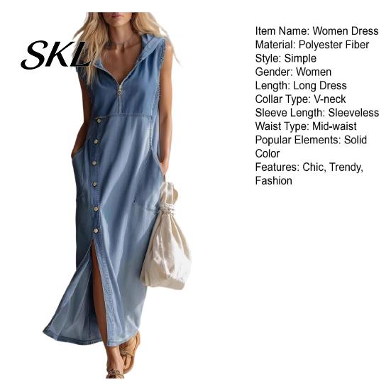 Everyday Wear Dress Women's Sleeveless Hoodies Maxi Dress, Button Up Side Slit Tank Beach Women with Pockets, Zip V Neck Hooded Summer Lightweight