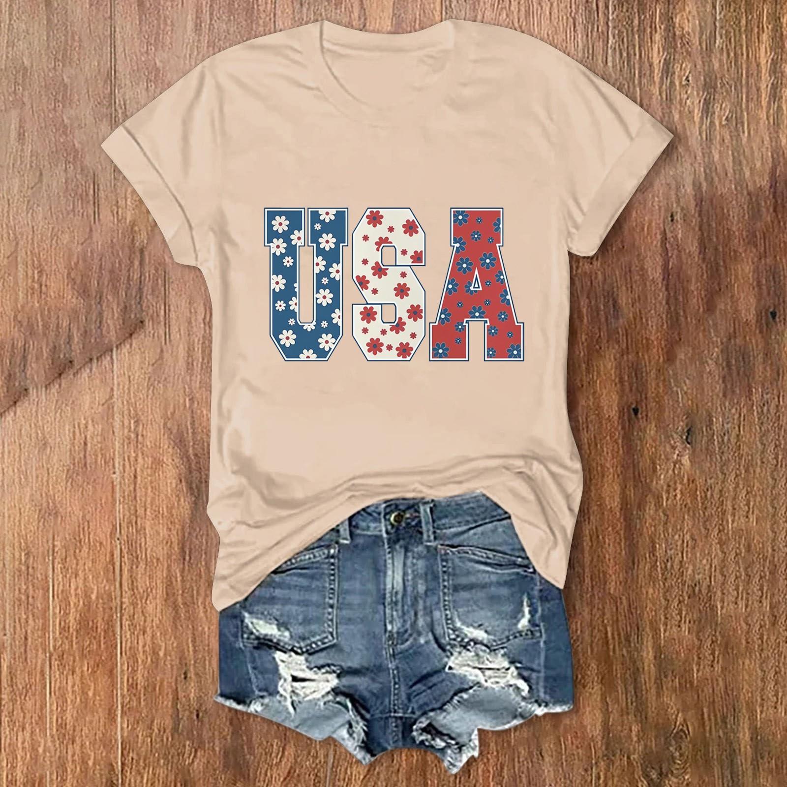 

Женские футболки «4 июля» с американским флагом США, патриотические повседневные футболки с короткими рукавами и милыми графическими блузками, топы L бежевый