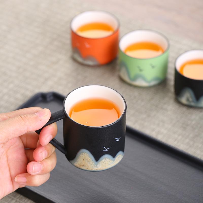 Hand-Painted Distant Mountains Ceramic Tea Tasting Cup Set - Large, Medium, Small with Handle and Gift Box