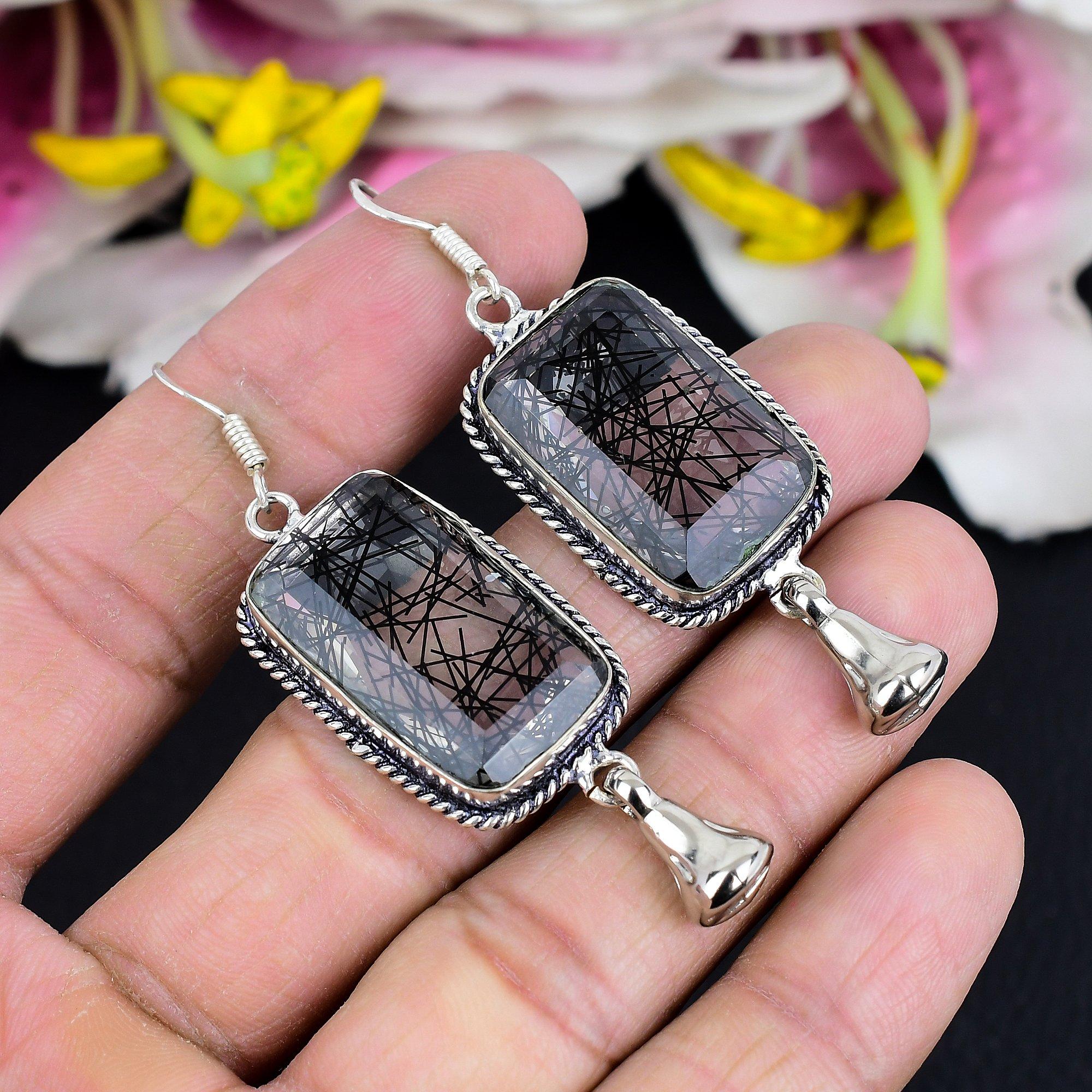 

Black Rutile Gemstone Handmade 925 Sterling Silver Jewelry Earring 2.56 KG-1798