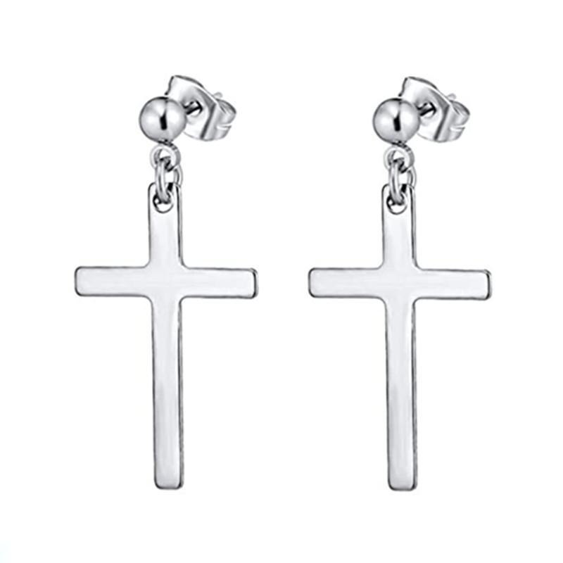 WKOUD 2PCS Stainless Steel No Piercing Cross For Men Kpop Clip On Cross Earring Gothic Punk Fake Ear Cuff Cross Earring Dangle
