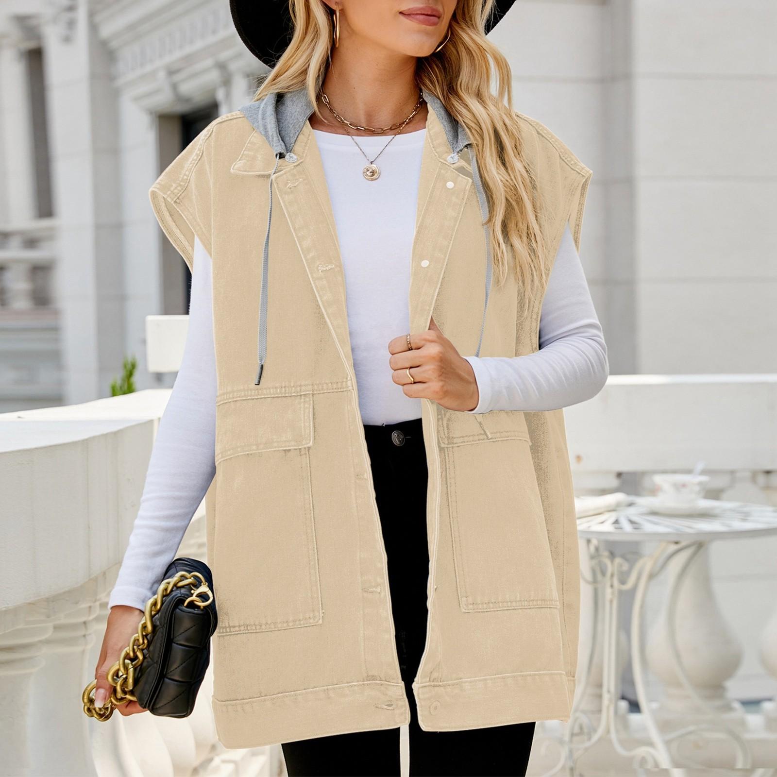 Женская повседневная свободная винтажная джинсовая жилетка с капюшоном S темно-синий — фото 6