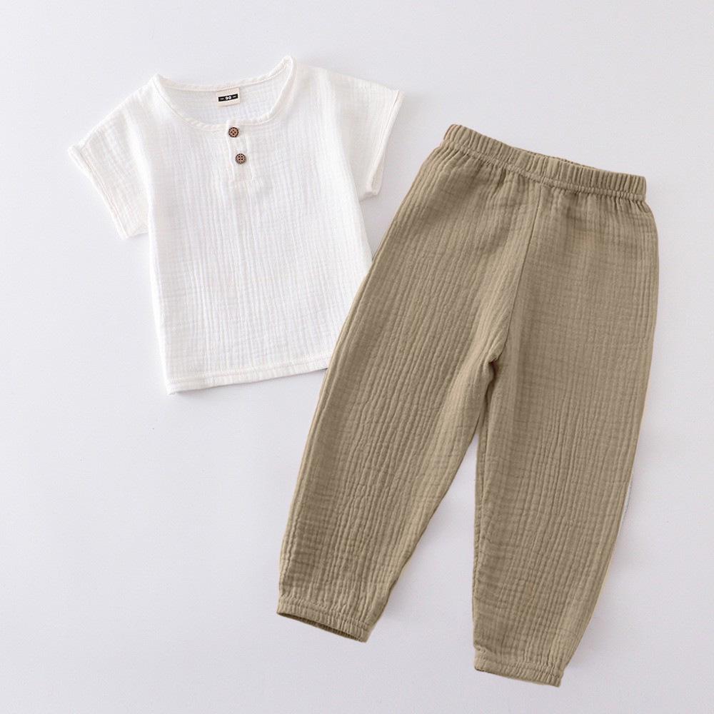 Kids' Summer Cotton Linen Two-Piece Set - Short Sleeve Top & Joggers