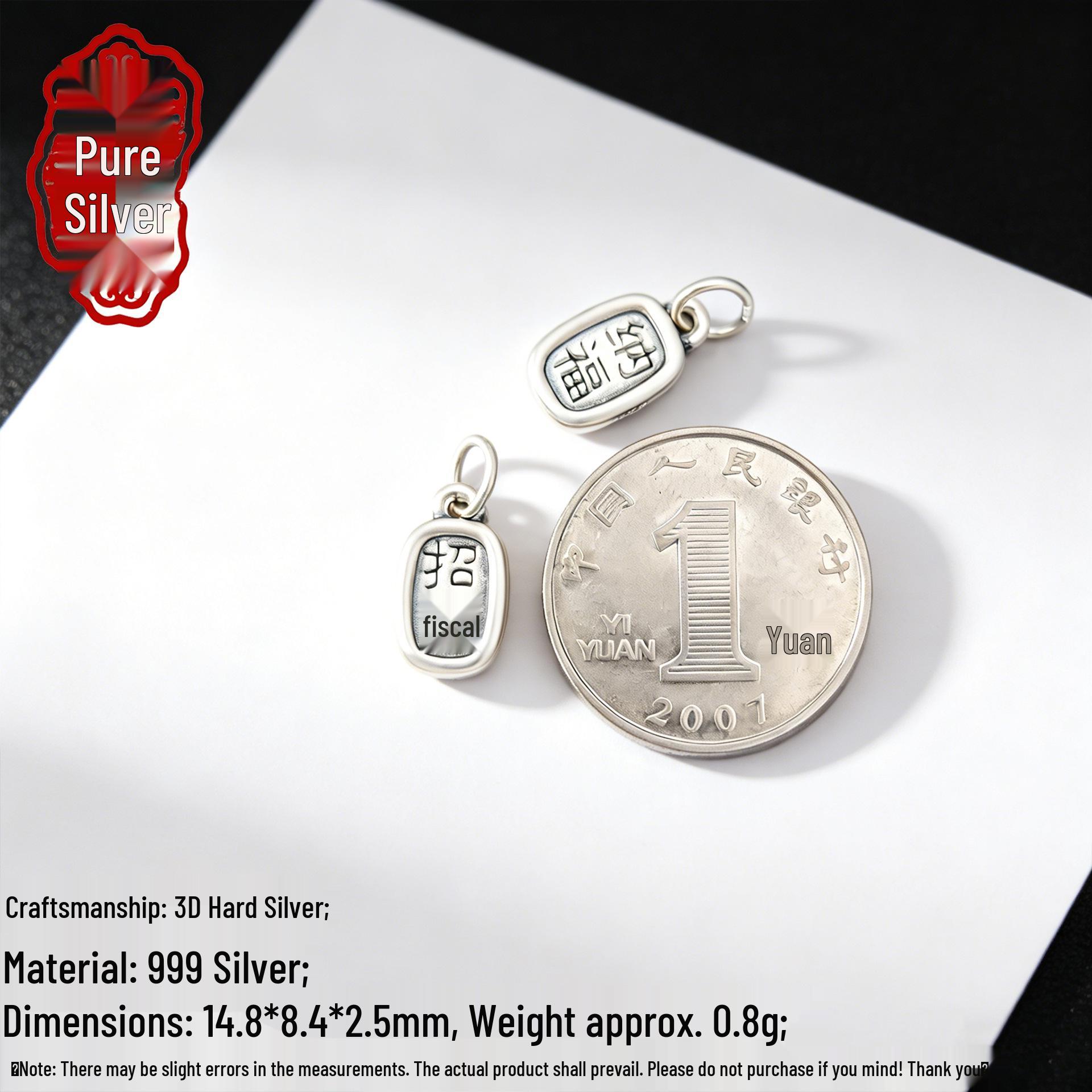 S999 Sterling Silver Fortune Pendant for DIY Braided Rope Bracelet or Necklace - Chinese Style 3D Hard Silver, Pure Silver 999; Single Price серебряный