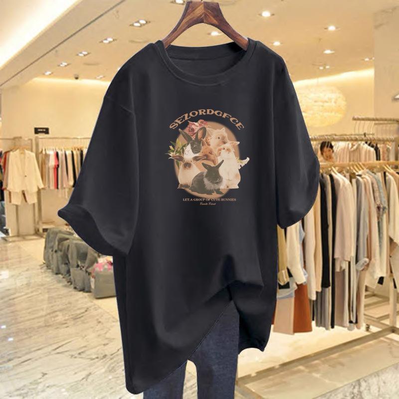 Pure Cotton Loose Printing Versatile Age-reducing T-shirt Large Size Cartoon Short-sleeved Women's New Medium and Long Models