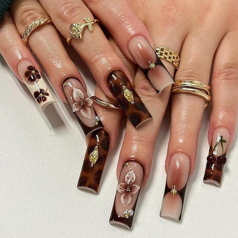 24Pcs Long French Fake Nails with Glue Ballet False Nails Butterfly Rhinestone Design Press On Nails Wearable Coffin Nail Tips