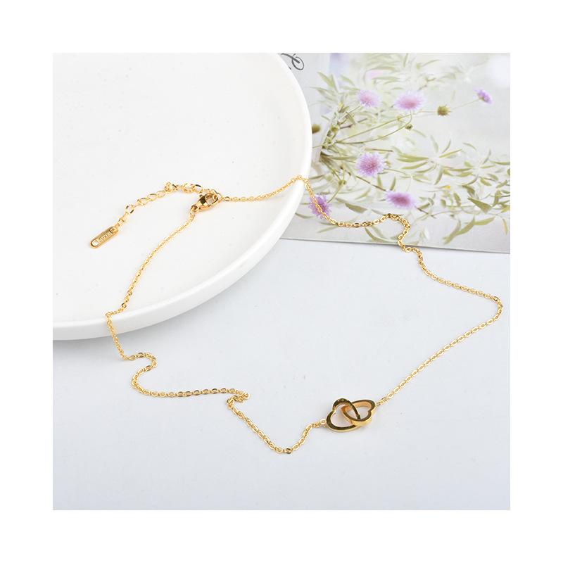 Korean Fashion Real Gold Heart-Shaped Clavicle Necklace for Women with Double Ring Design