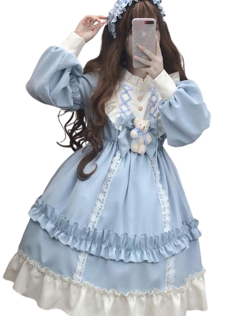 Happy Berry Cute Lolita Long with Bear Perfect for and Events Dress, Sleeves, Ribbon, Christmas, Halloween, (Light Blue)