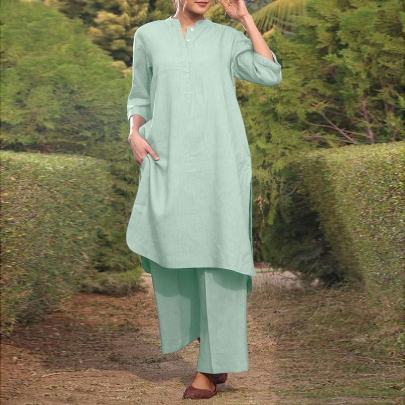 

Women 2 Piece Outfit Solid Color Linen Set 3/4 Sleeve Loose Tunic Top Wide Leg Pants Casual Suit S зелений