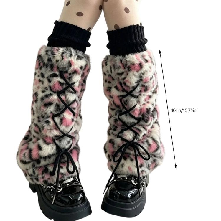 Dicke Damen-Beinwärmer für kühles Wetter aus Kunstpelz mit Plüsch-Leopardenmuster und gekreuzter Schnürung, Warme Stiefelüberzieher Socken für Lagenlook