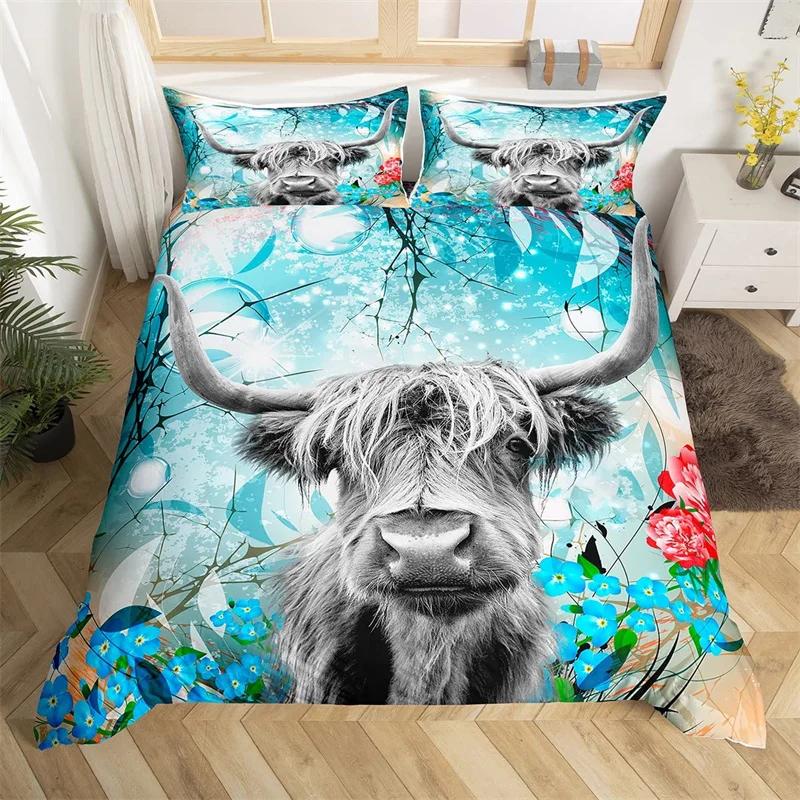 Highland Cow Bedding Set Polyester Bull Cattle Flowers Quilt Cover Western Wild Animal Duvet Cover Farmhouse Cow Bedspread Cover