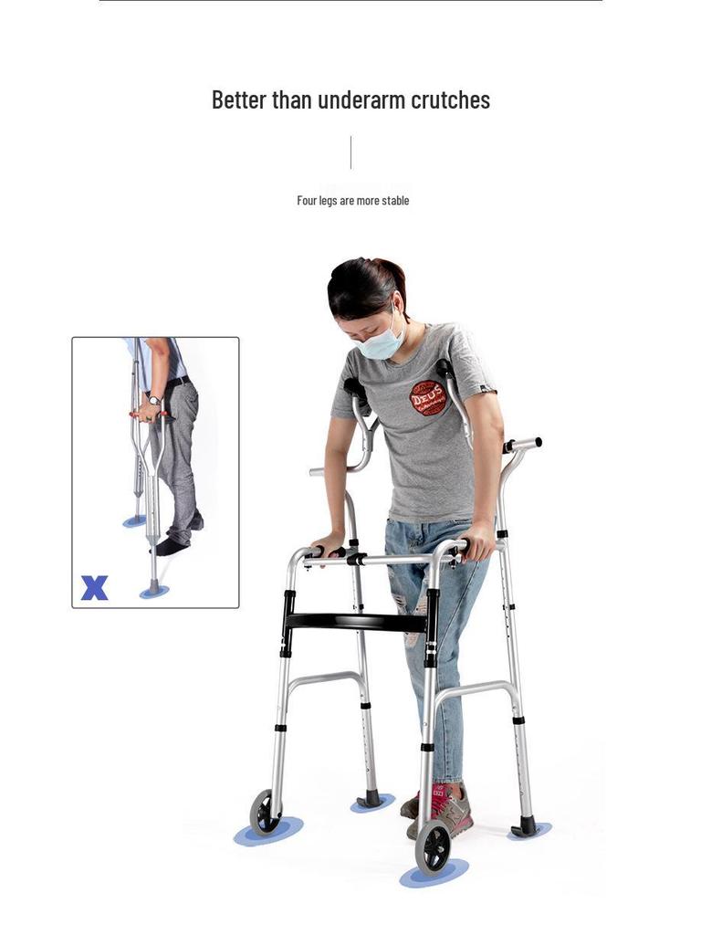 Aluminum Alloy Folding Walker with Wheels, Underarm Crutches, and Seat Cushion for Elderly Rehabilitation.
