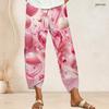 Women Plus Size Cross Hem Long Pants Pink Crystal Diamond Heart Print Loose Casual Trousers