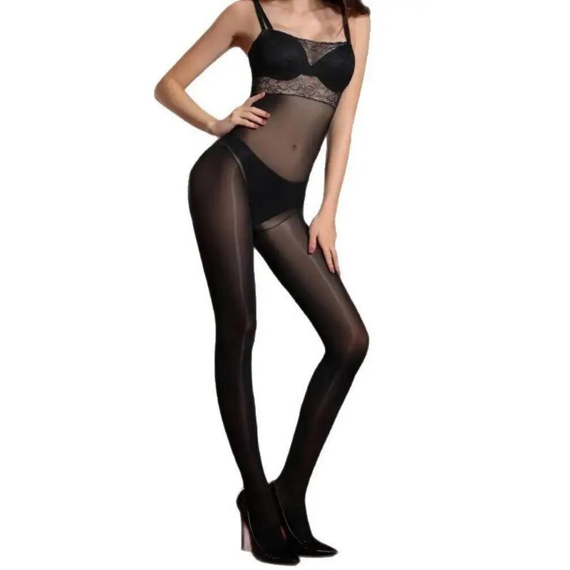 Lace Strapless Camisole Stockings Glossy Transparent Sexy Black Erotic Open Crotch Bodysuit Horse Oil Women Jumpsuits BW1Y
