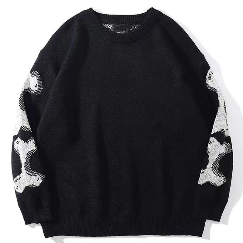 Maglione Pullover Autunnale Invernale da Uomo Largo a Girocollo a Maniche Lunghe Jacquard Scheletro