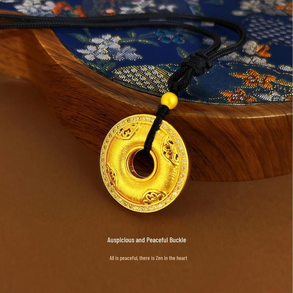 Chinese-Style Gold-Plated Peace Buckle Pendant Necklace with Rhinestones & Black Cord