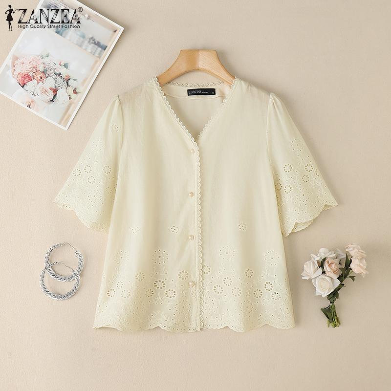 ZANZEA Blouse d'été décontractée à col en V pour femme, manches courtes, broderie dentelle