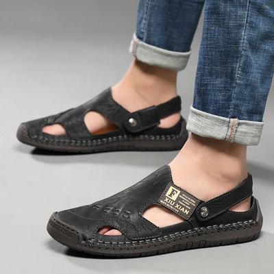 Men's Summer Sandals Leather Comfortable Slip-on Casual Sandals Fashion British Men Slippers Big Size 38-48 Outdoor Retro Gents
