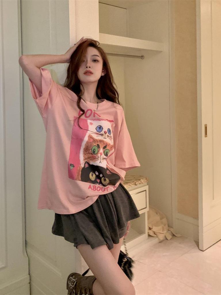 Plus Size Sweet Pink Cat Short Sleeve T-Shirt for Women - Summer Mid-Length, Slimming, Loose Fit