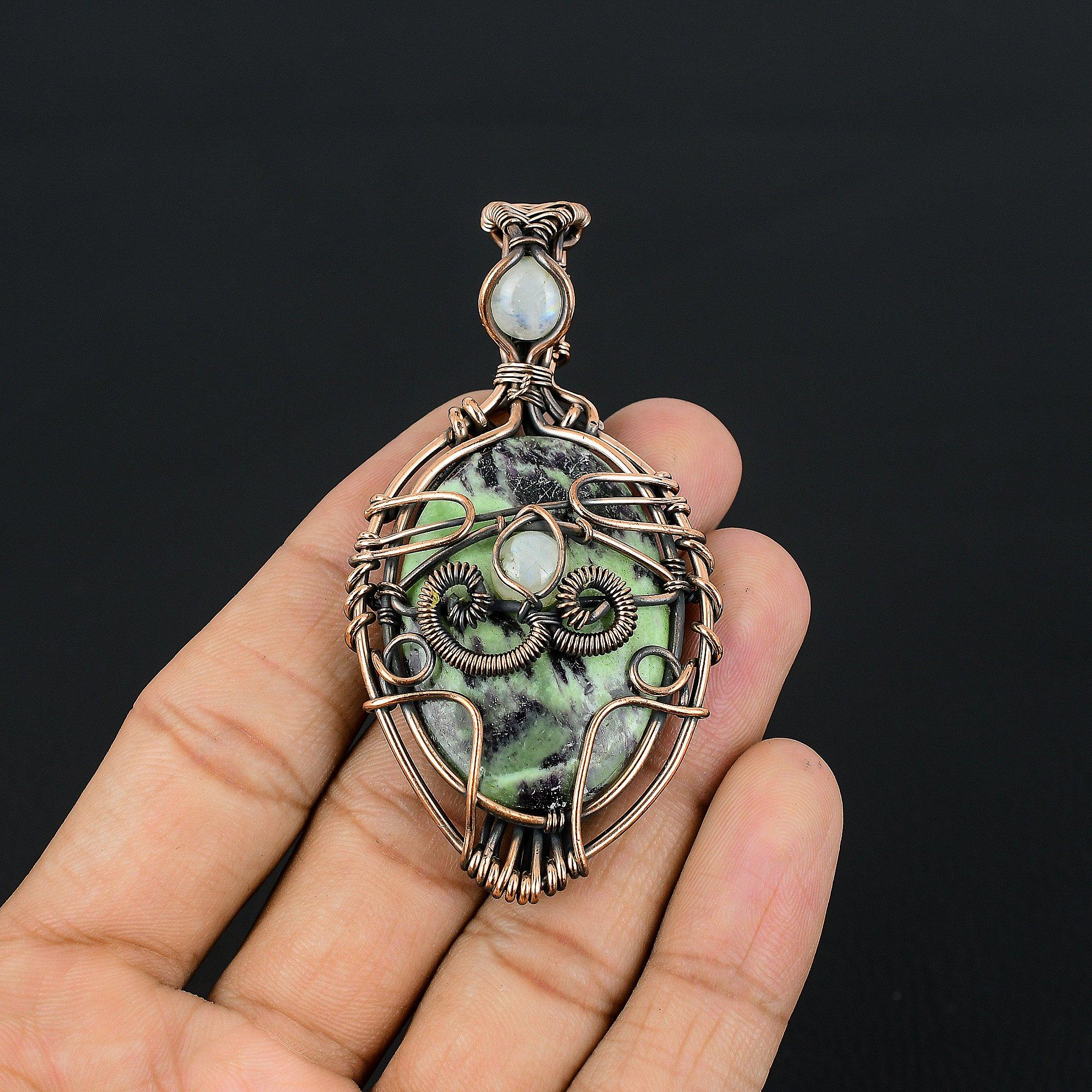 

Ruby in Zoisite & Rainbow Moonstone Pendant, Handmade Gemstone 999 Copper Wire Wrap Pendant Antique Jewelry, For Gift Copper Jewelry 2.55 Inches