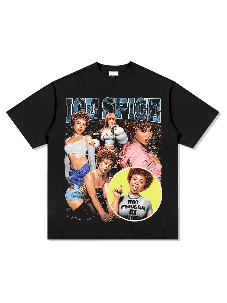 

2026 Ice Spice Spencers Hip Hop Rap American Street Fashion Retro Print Short Sleeve Shirt Comfortable Breathable Ins Y2k S