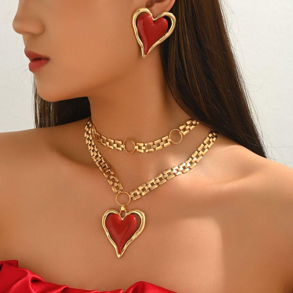 Goldfarbenes Herzschmuck-Set Emaille-Herz Doppellagige Kette Herzanhänger Halskette Dicke Kette Unregelmäßiges Band Herz Halsketten