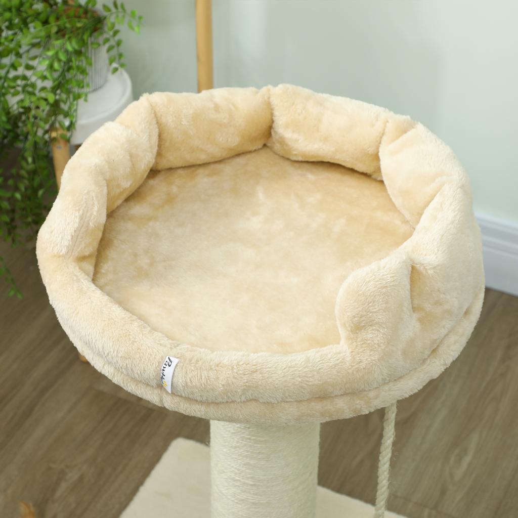 Cat Tree Scratcher Design Hanging Ball and Cord Toy + Plush Platform - 55 x 55 x 83 cm - Beige Sisal