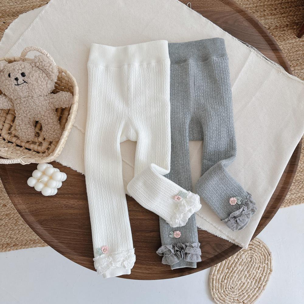 

New Floral Lace Trim Fleece Baby Girls Leggings with Open Crotch - Autumn/Winter Nine-Point Pants L (Height 95-110cm)