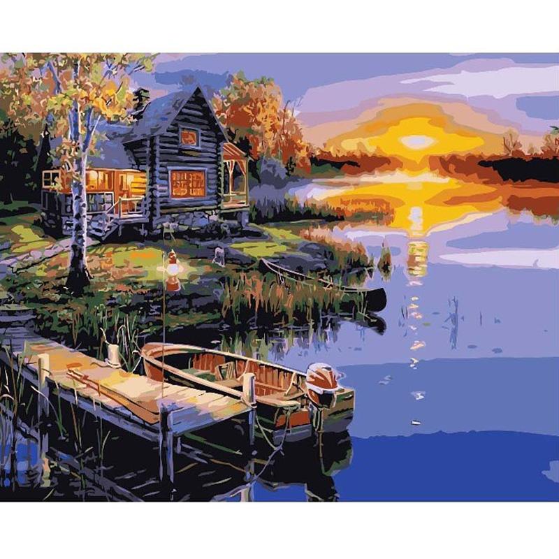 TY31 Digital Oil Painting Watercolor Hand-painted Abstract Lake Cottage Painting Digital Kit Living Room Decoration Painting Christmas Gift