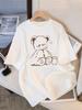 Süßes Teddybär-Print Rundhals-Oberteile Damen Passform Kurzarm Cartoon Mode Kaffeetasse Kawaii Damenbekleidung