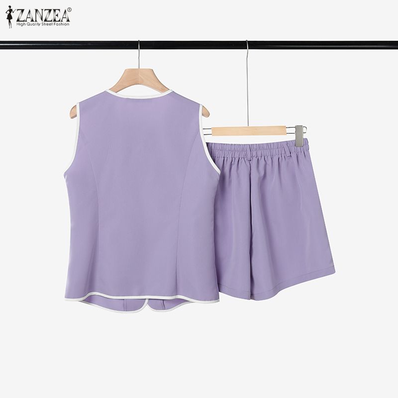 ZANZEA Women Sleeveless Vest Tops and Shorts Summer Two Piece Suit Sets
