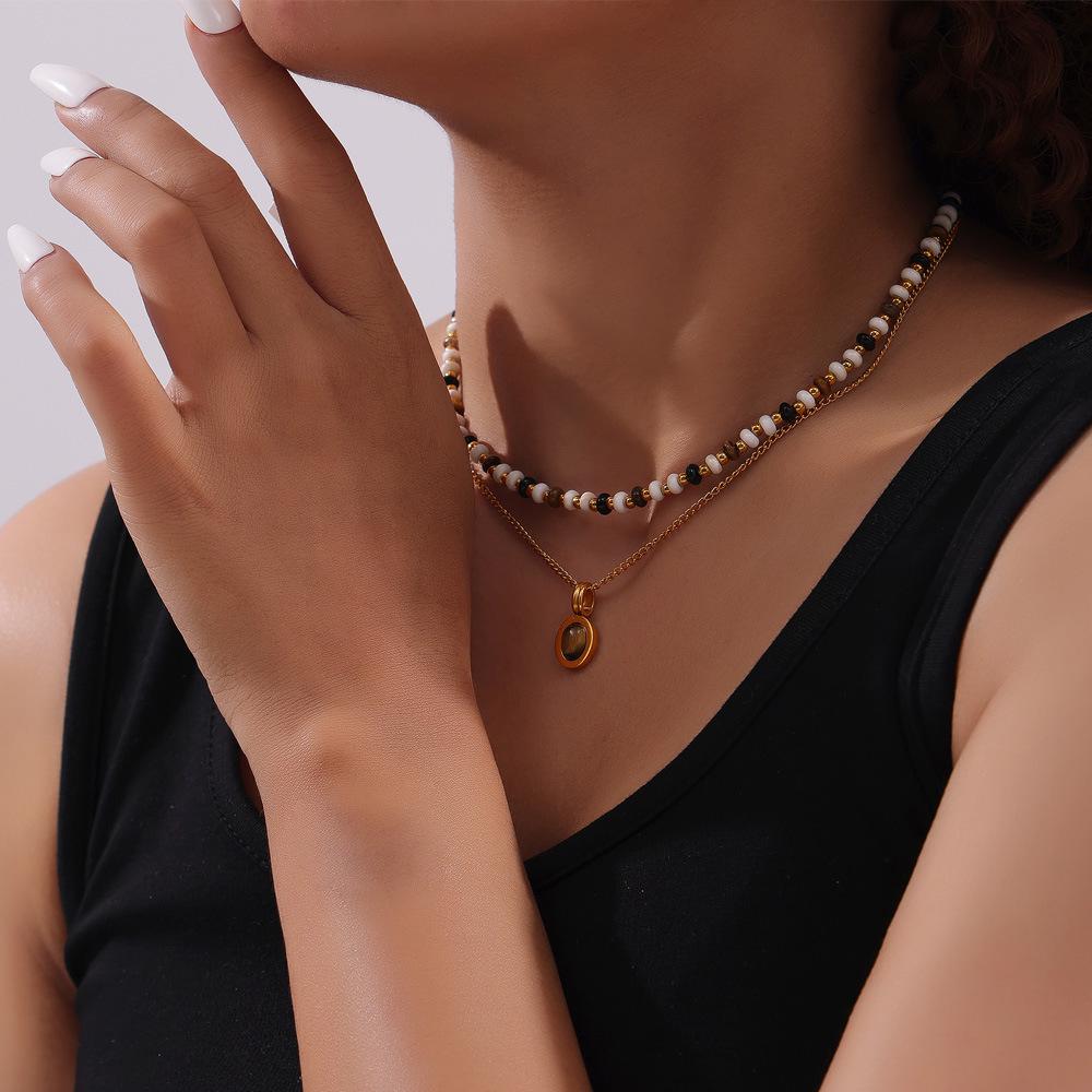 Double-Layered Tiger's Eye Beaded Necklace with Titanium Steel Clavicle Chain