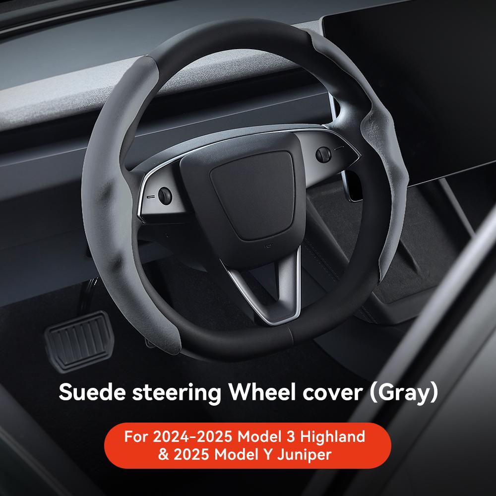 YZ For Tesla Model 3 Y Highland Juniper 2025 Suede velvet Car Steering Wheel Cover DIY carbon fiber texture Sport Steering Wheel