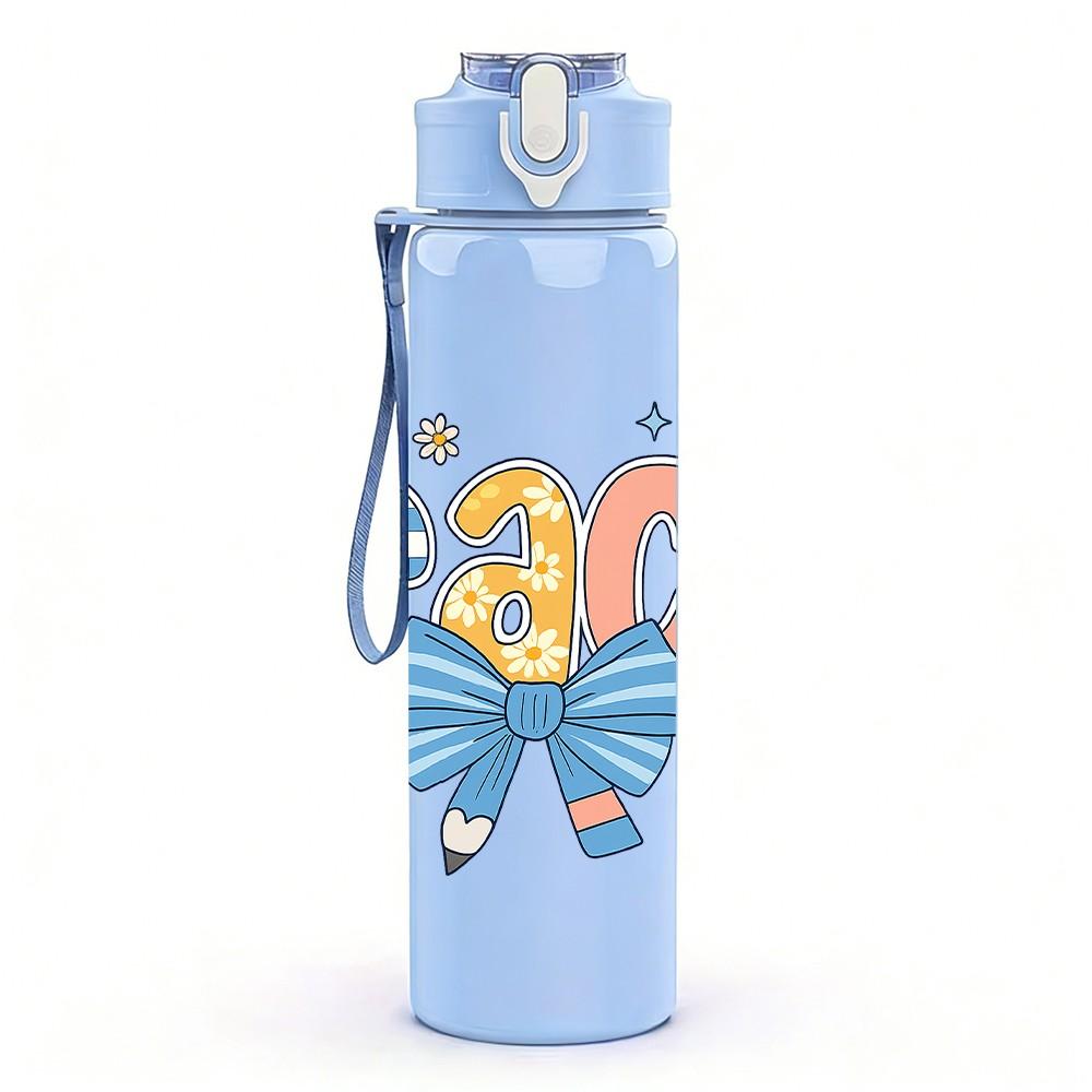 1PC Teach Bow Letter Design 750ml Color Plastic Sports Water Bottle Leakproof Flip Straw Lid Suitable for Sports Office Home Use