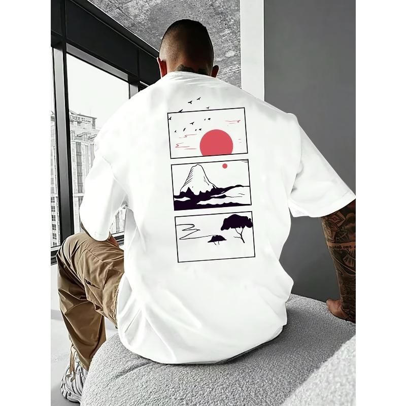 European sizes Fashionable, Versatile, Simple, Loose-fitting, Commuting Men's Sunset Print Casual Short-sleeved Shirt