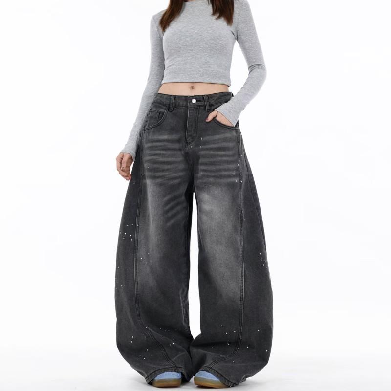 2026 Embroidered Denim Pants Loose Fit High Street Style Wide Leg Jeans Teens