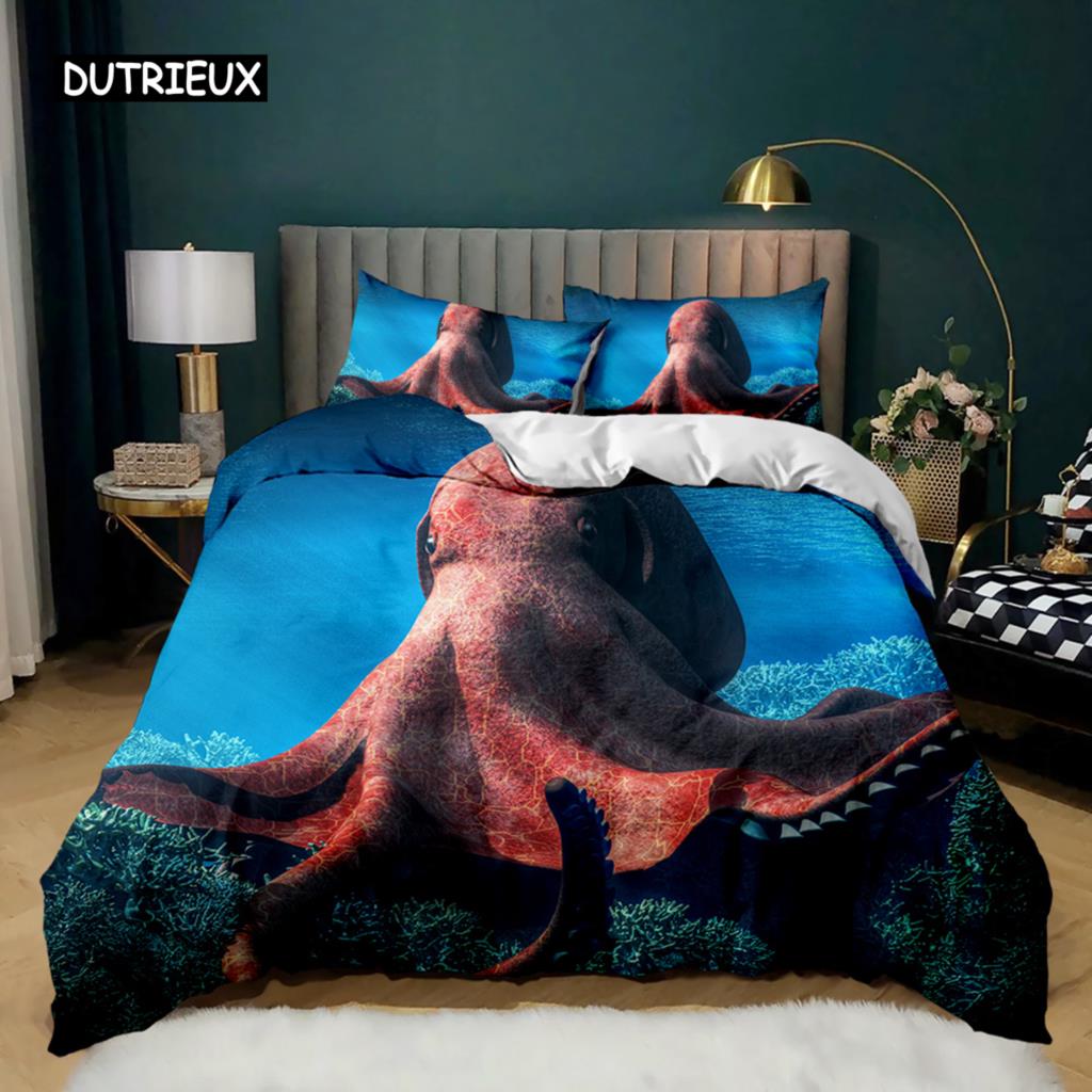 Octopus Duvet Cover Sealife Bedding Set Ocean Animal Comforter Cover Teens Adults Double Queen King Size Polyester Qulit Cover