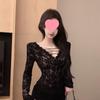 Women's Cross-Strap Hollow Black Lace Slim-Fit Long-Sleeve Top for Autumn/Winter