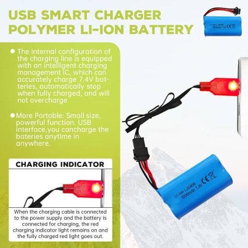 2PCS 7.4V 1200mAh SM-4P Plug Batteries with USB Charging Cable for EC08 RC Toy Car Model Off-Road Vehicle Hill Climbing Drift Racer Remote Control Boa