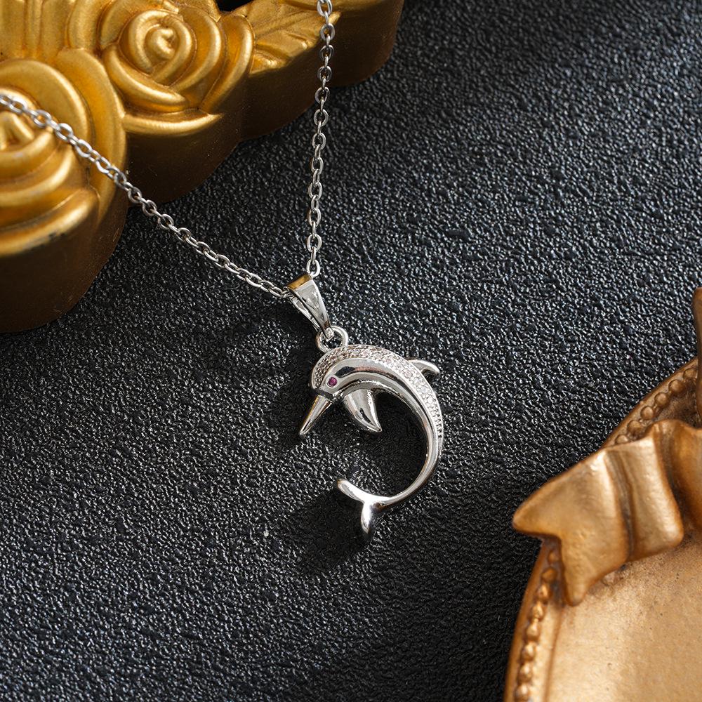 Trendy Titanium Steel Dolphin Necklace with Zircon Inlay