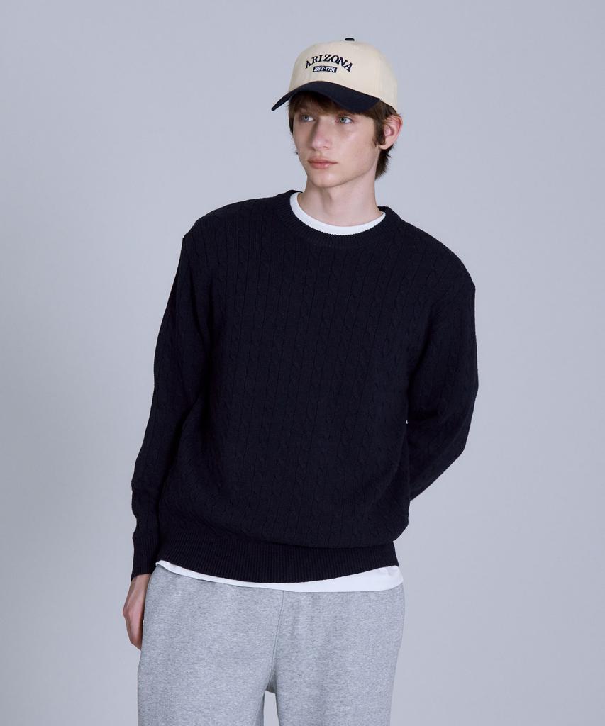 BASIC HOUSE Cable Round Neck Knit Navy Lykt7101
