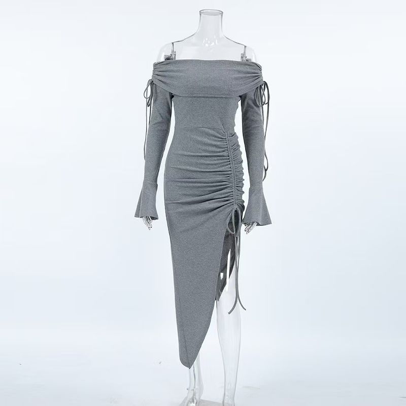 

Fashion Sunken Stripe Sexy off-Neck Flare Sleeve Dress Sexy Slim Flared Sleeve Dress Grey S