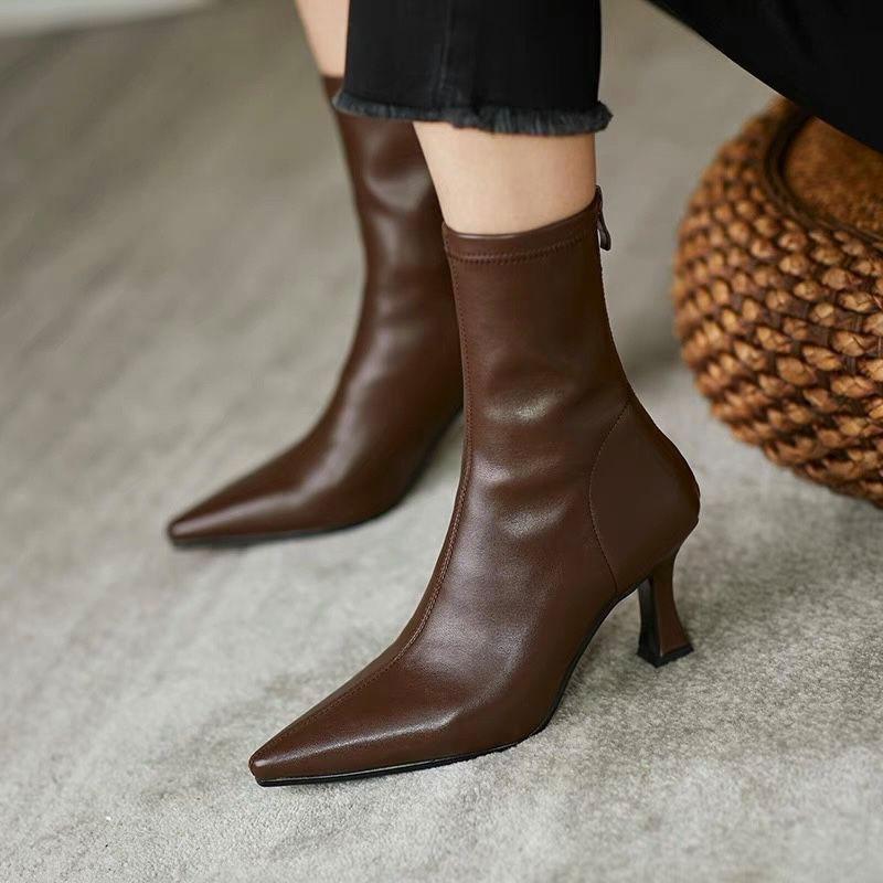 Brown short boots women's high-heeled thin-heeled pointed rear zipper velvet 2025 new winter Korean version elastic thin boots