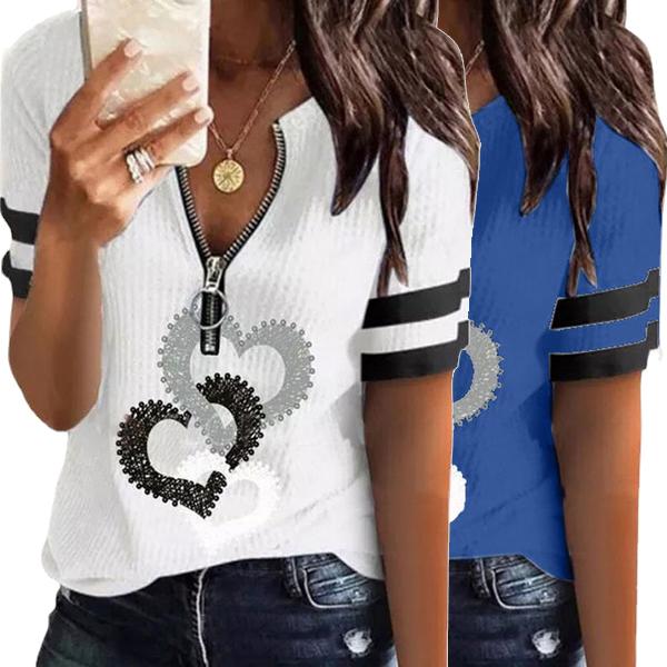 

Женщины Сердце Печать V-образный вырез Молния Футболки с коротким рукавом Блузки Плюс Размер Летние топы