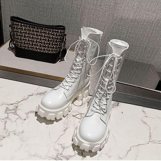 Thick-Soled British Side Zipper Round Head Versatile Martin Boots Women'S Autumn And Winter White Medium Boots Locomotive Short Boots