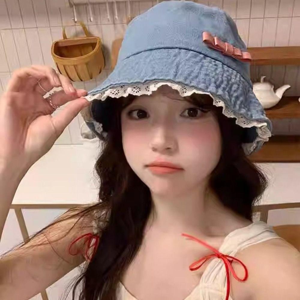 Y2K Lace Fisherman Hat Big Brimmed Bow Sunscreen Hat Fashion Denim Bucket Hat  Girls