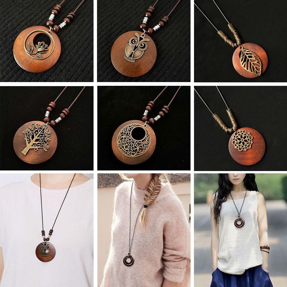 Retro Ethnischer Runder Holzblatt Eule Lange Pullover Kette Halskette Damen Uhr Anhänger Damen Schmuck