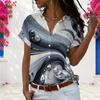 Women Plus Size Short Sleeve White Button Shirt Rhinestone Gem Printed Lapel V Neck Casual Loose Summer Daily Blouse