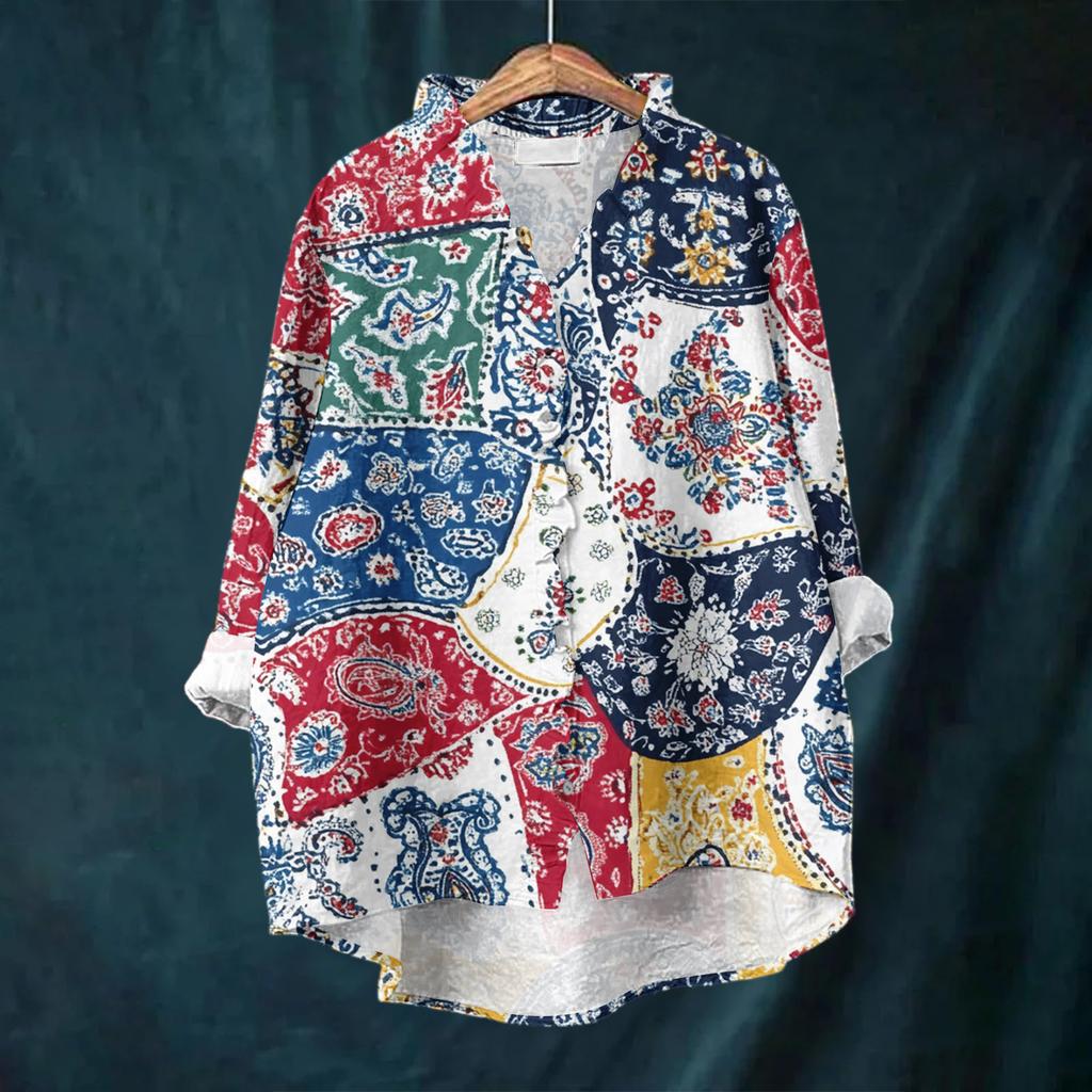 Women's Loose Ruffled Floral Print Stand Collar Long Sleeve Cotton And Linen Top