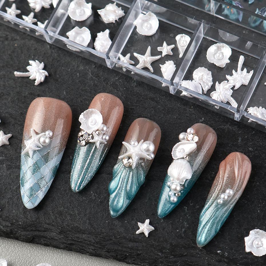 Xiaomi 12 Grids Starfish Conch Nail Charms White Dolphin Seahorse Palm Tree Resin 3D Nail Art Decorations Summer Manicure Accessories